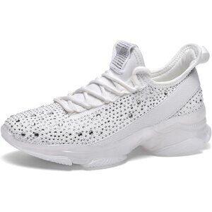 🆕 Women's Rhinestone Mesh Slip-On Walking Shoes Breathable Glitter White Fabric